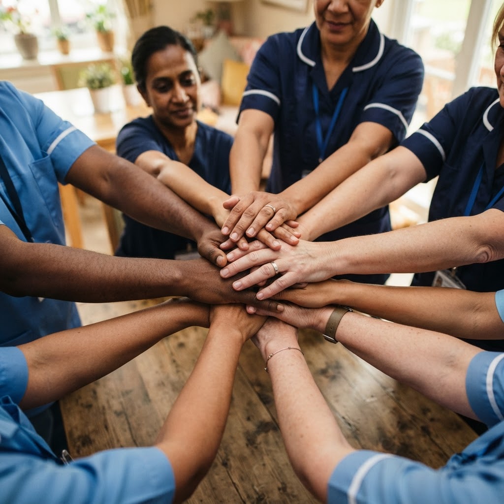 Diverse care professionals' hands joined together in unity