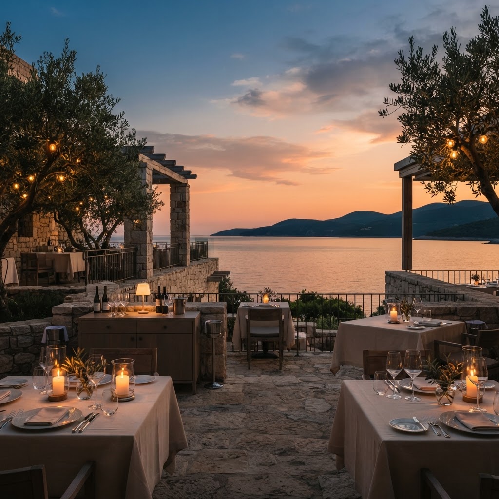 Elegant Adriatic restaurant terrace at sunset
