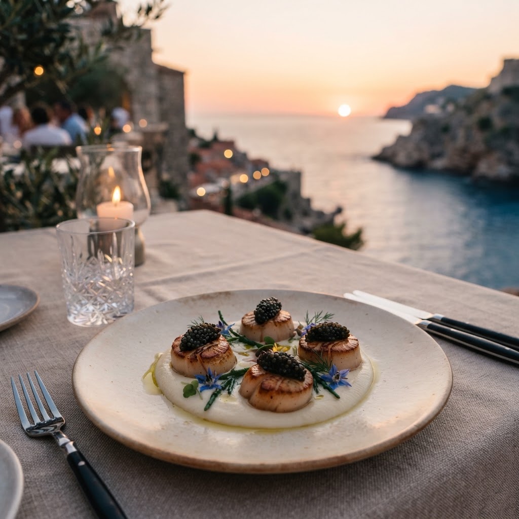 Fine dining scallops with caviar on the sunset terrace