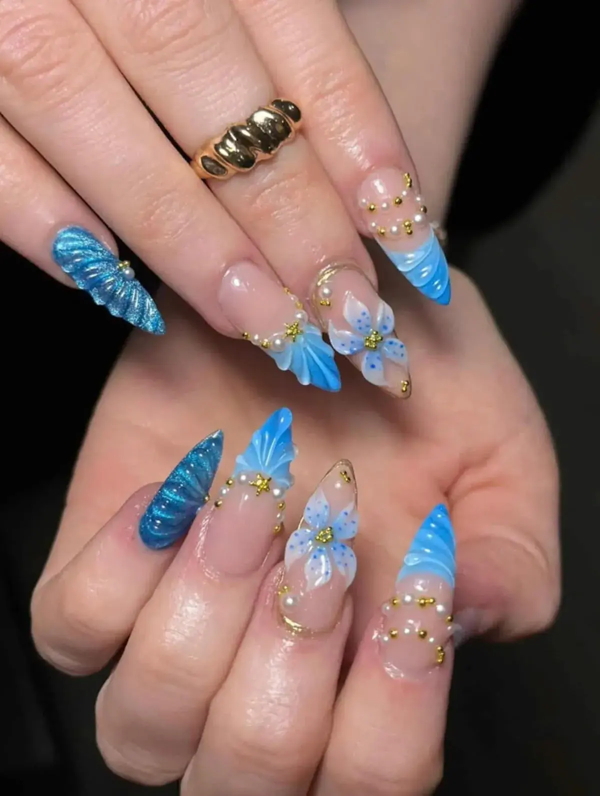Blue 3D butterfly flower nails with gold beads