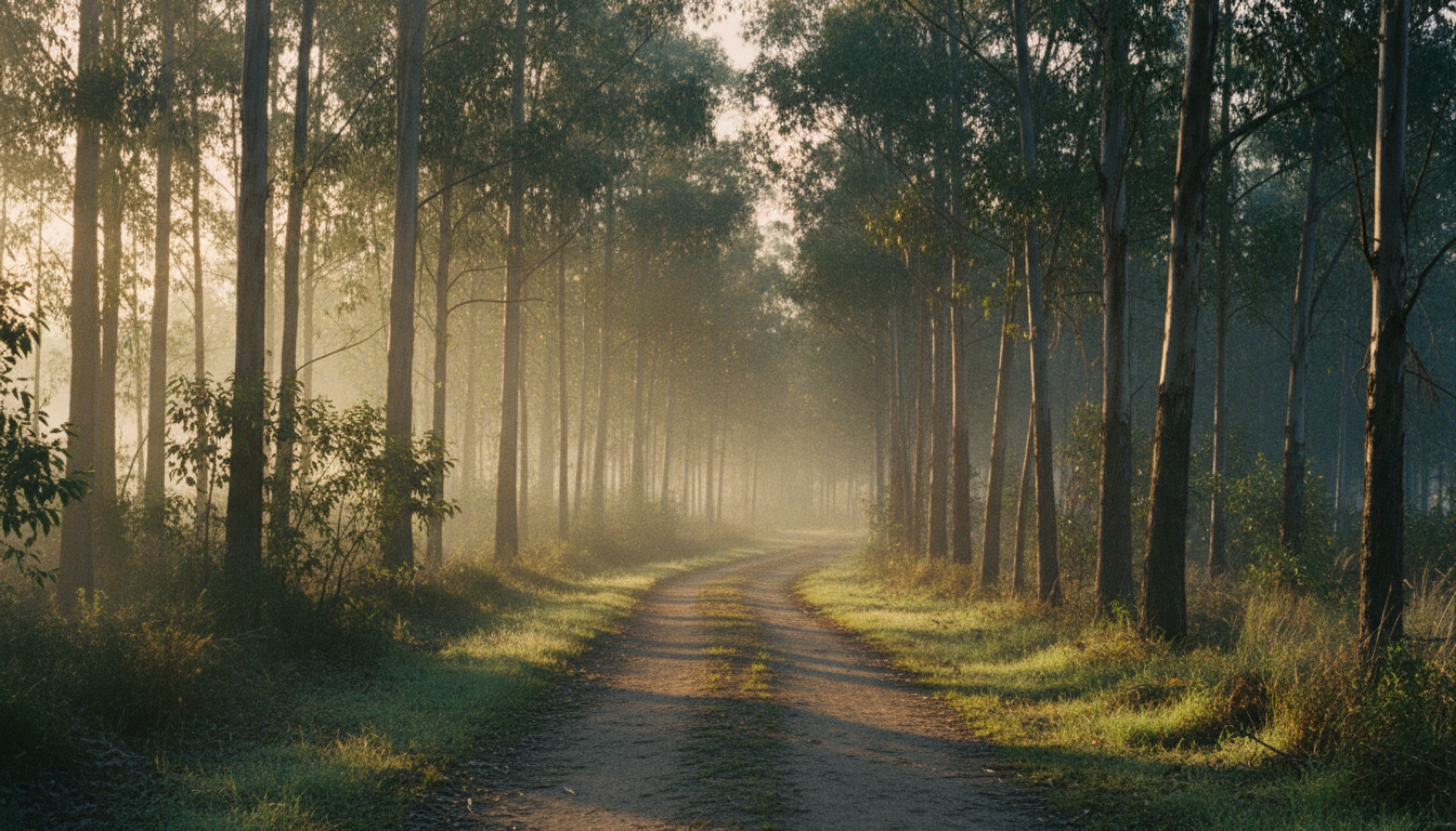 A winding trail through a eucalyptus grove at dawn with soft golden light