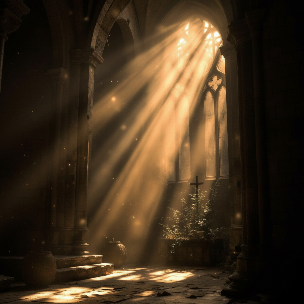 Interior de templo sagrado con rayos de luz dorada