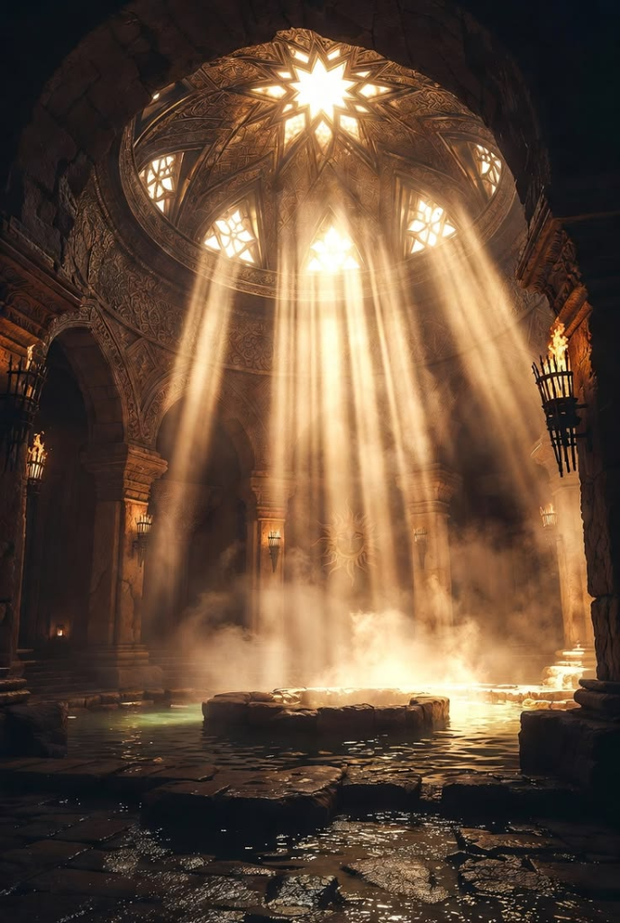 Templo sagrado con rayos de luz divina