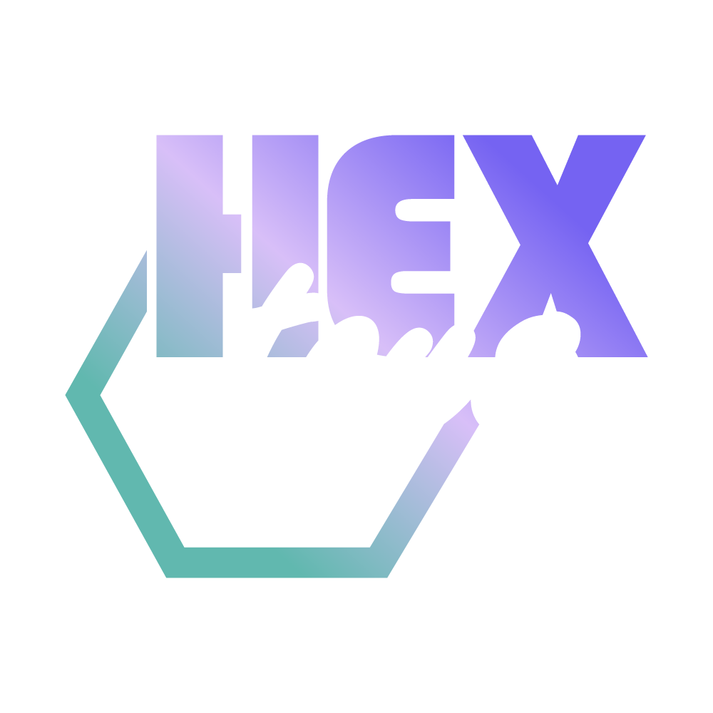 HEX TOYS logo - purple HEX text with white toys script and hexagonal gradient outline