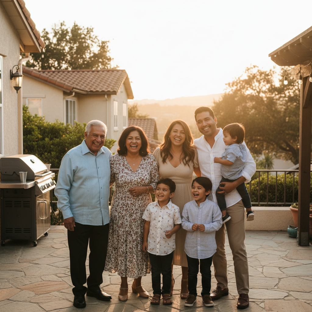 Multi-generational Latino family in front of their Bay Area home