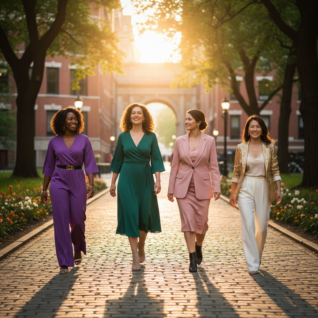 Women walking together toward the light