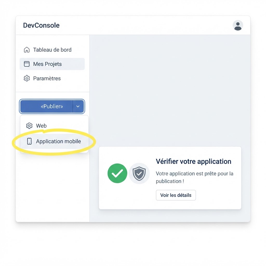 Menu Publier > Application mobile, puis lancement de la vérification