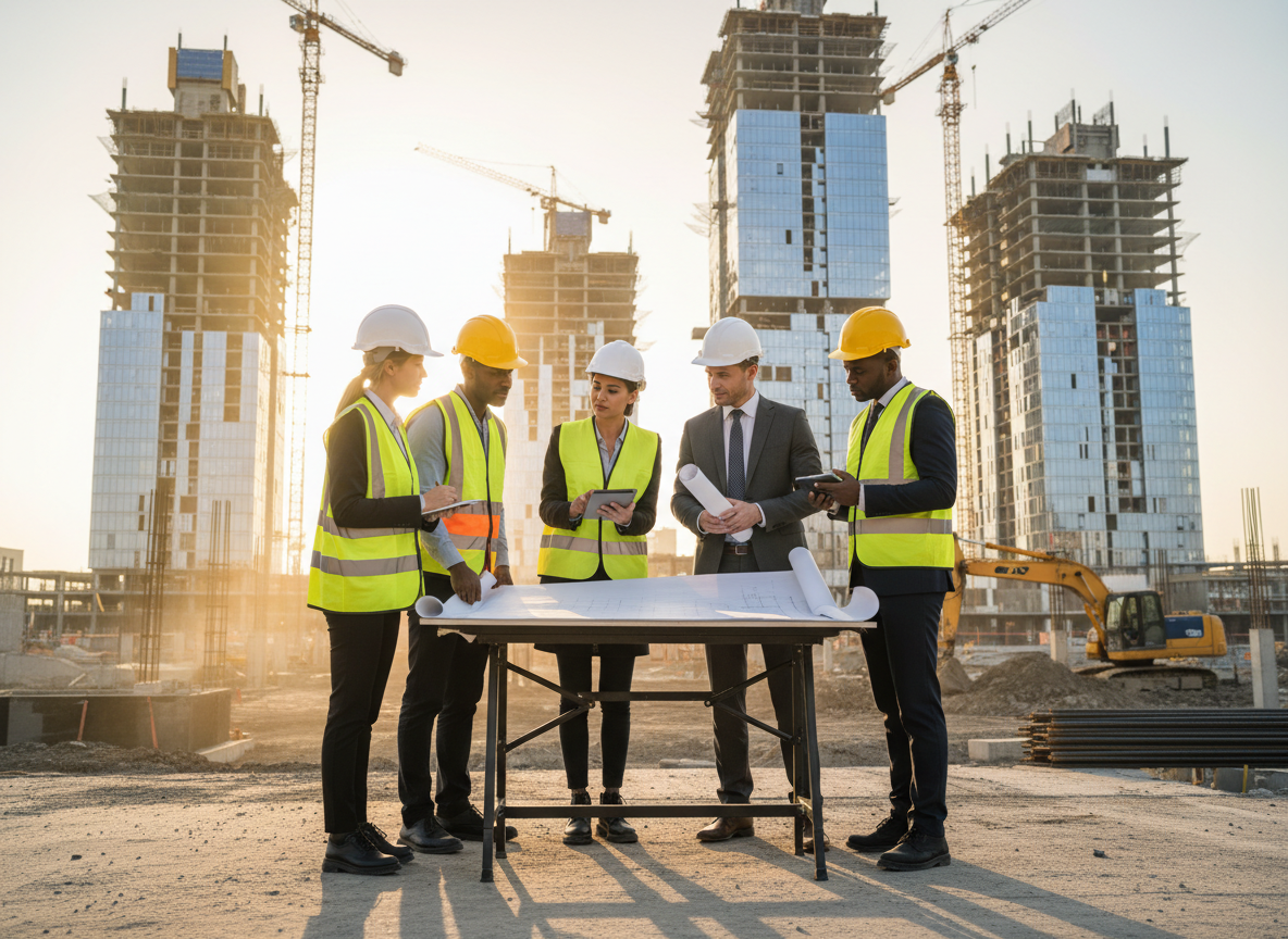 Stonegate team reviewing construction plans on site