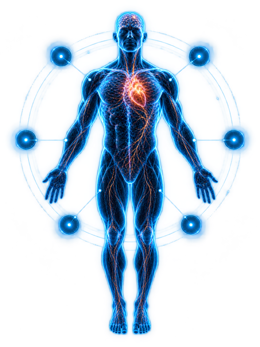 Anatomical human figure with glowing orange heart framed by a circular blue interface