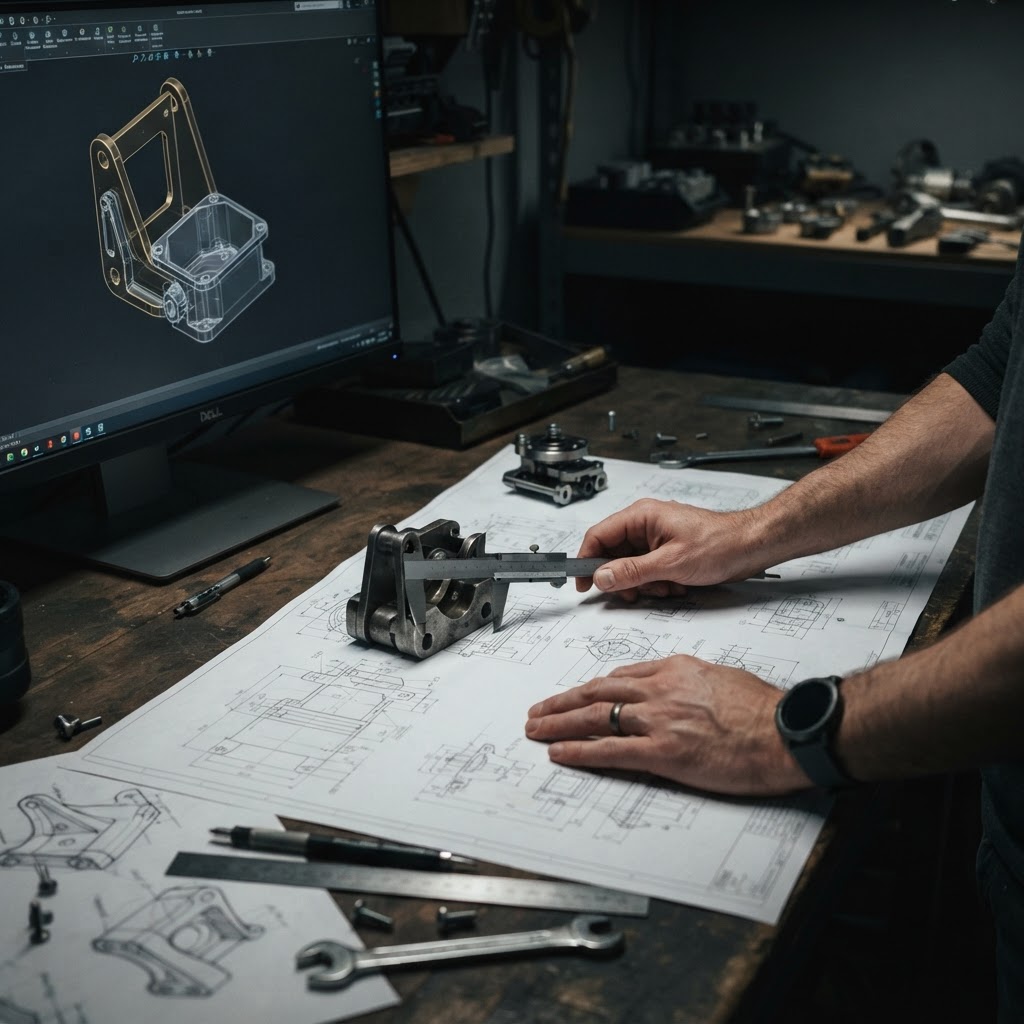 Teston engineer working from technical drawings and a 3D CAD model of a machined component