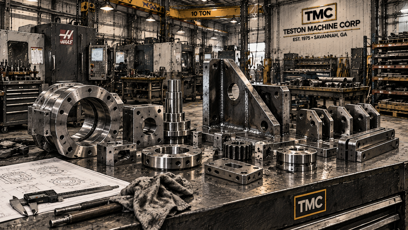 Precision machined steel components laid out on the Teston Machine inspection bench