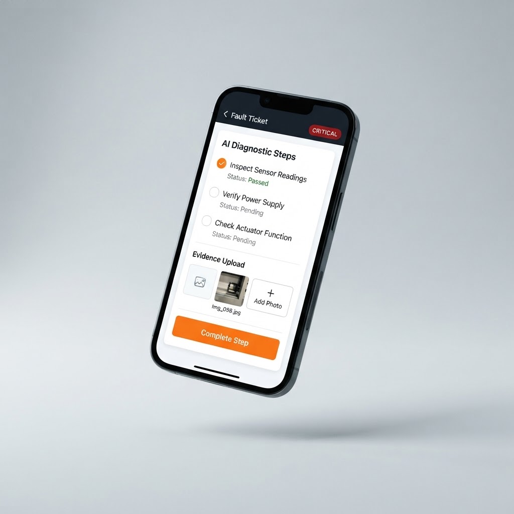 Wiresight fault-diagnosis app on a phone showing AI-generated diagnostic steps for an industrial fault ticket