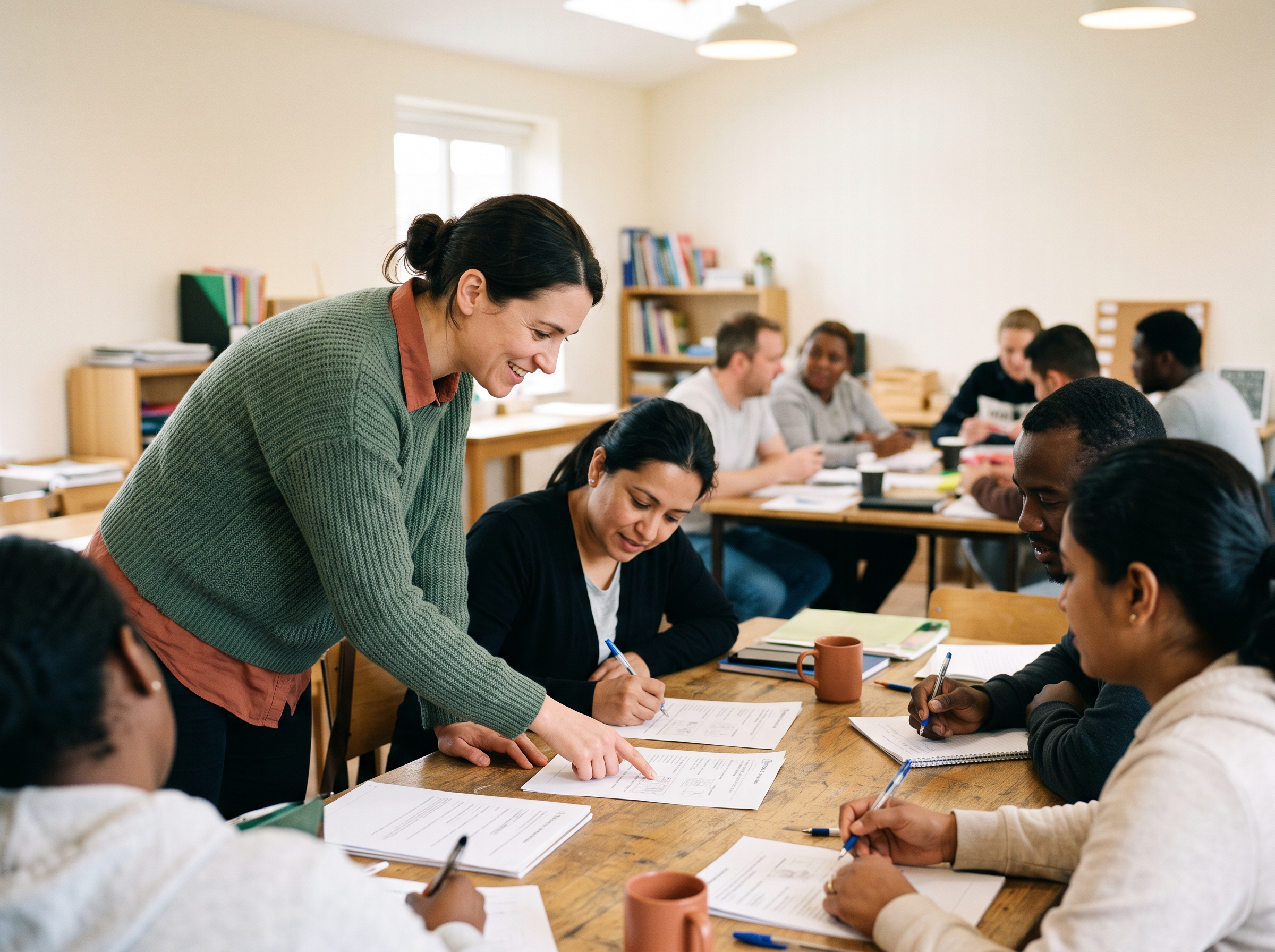 Instructor guiding adult learners through a hands-on classroom practicum