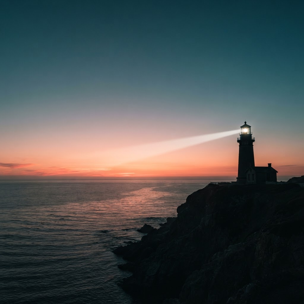 Lighthouse silhouette against a twilight sky with a single beam across the ocean — resilience and guidance