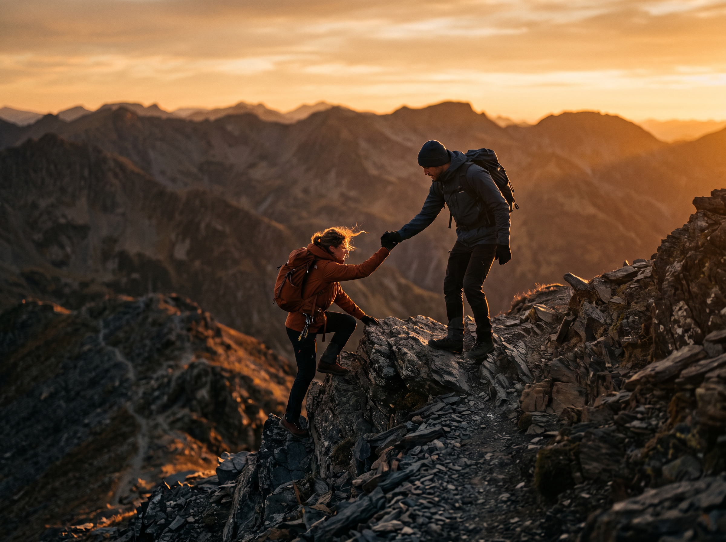 One person helping another climb a mountain at sunset — supporting each other through recovery