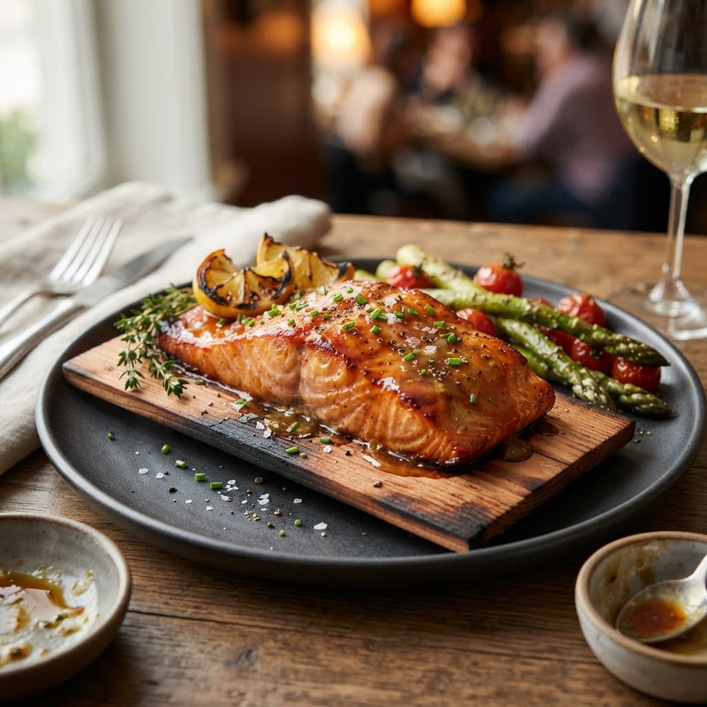Cedar-Planked King Salmon with Maple Glaze