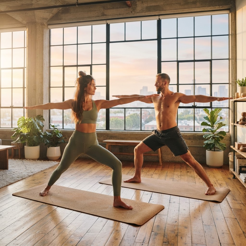 Fit couple practicing yoga together at sunrise