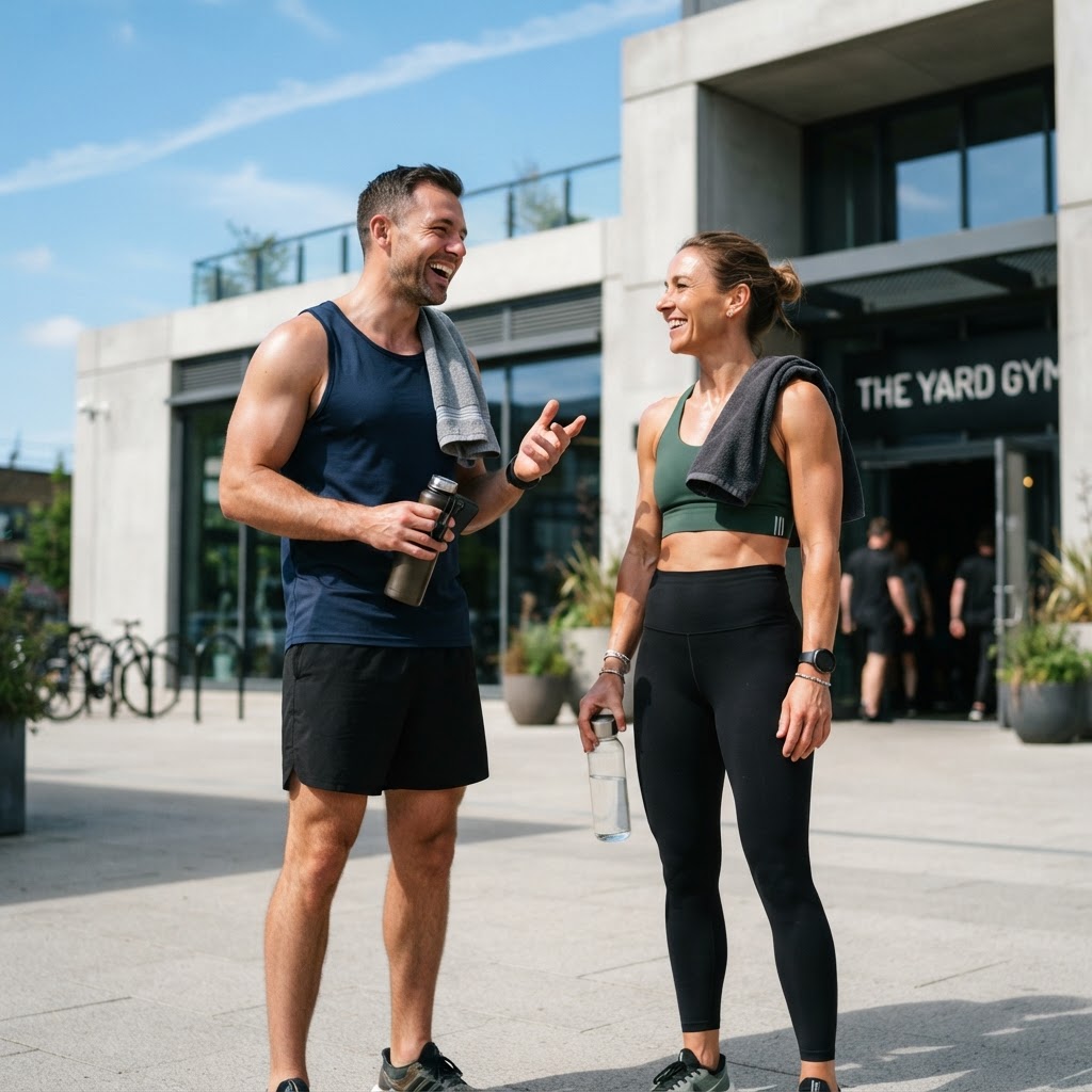 Two athletic friends talking after a workout outside a modern gym