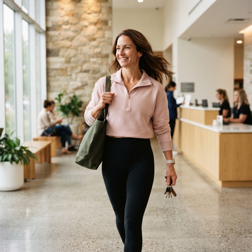 Member in the pink women's-line quarter-zip arriving at the clinic lobby