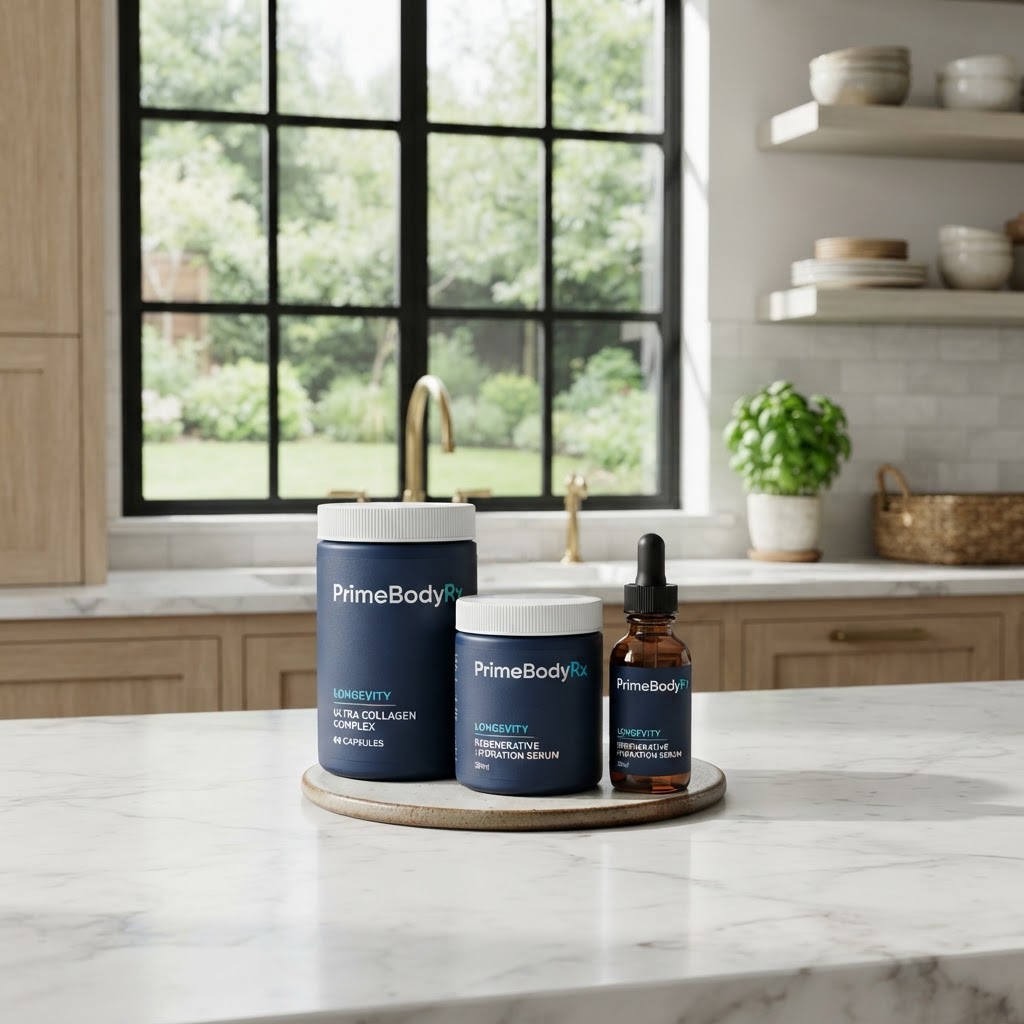 PrimeBodyRX longevity line: two tubs and an amber dropper bottle