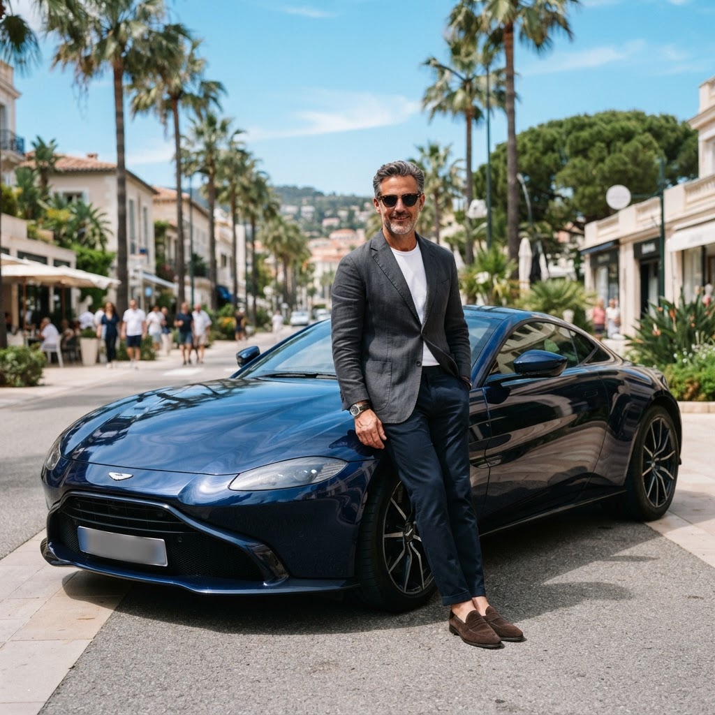 Ambassador in designer eyewear beside a midnight-blue luxury coupe