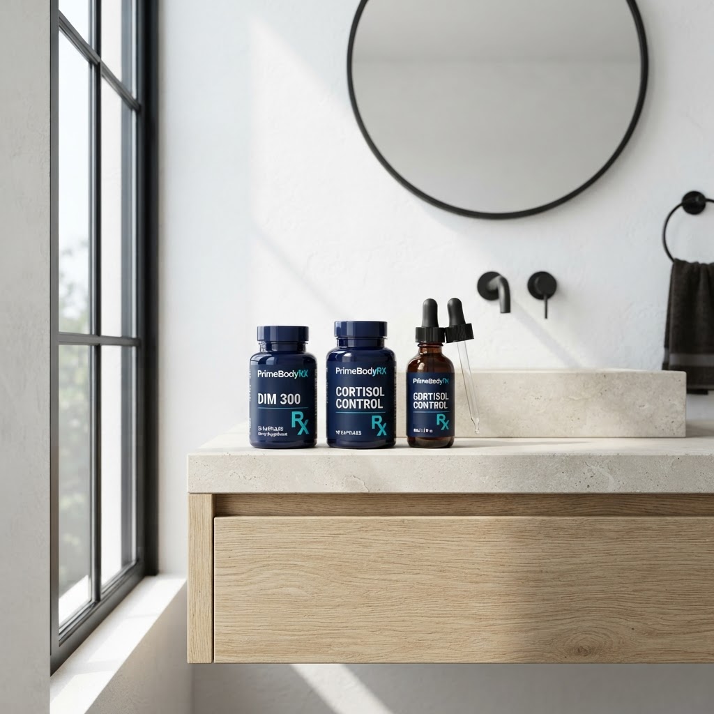 DIM 300 and Cortisol Control bottles on a Nordic stone vanity