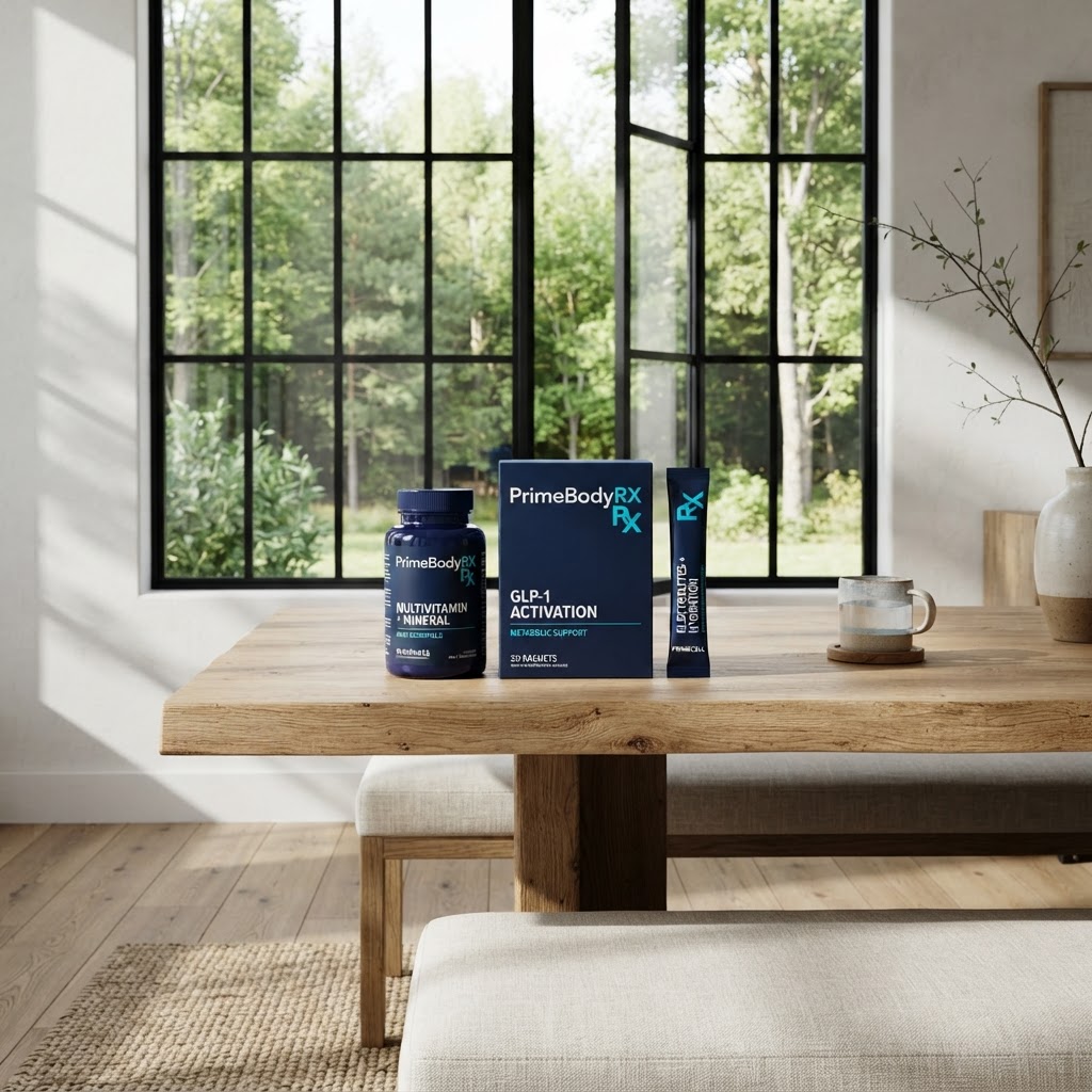 GLP-1 Activation carton with multivitamin and electrolyte stick-packs on an oak breakfast table