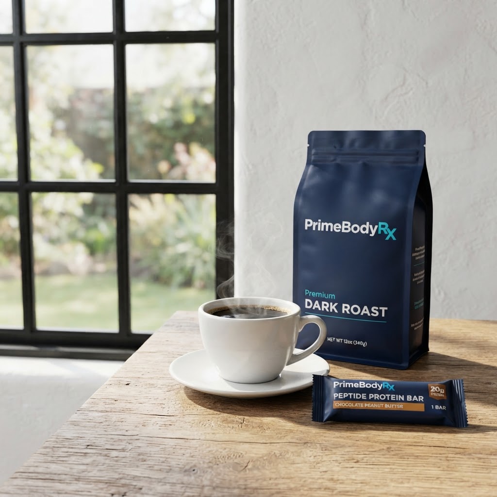A PrimeBodyRX peptide protein bar and dark roast coffee on a farmhouse breakfast table