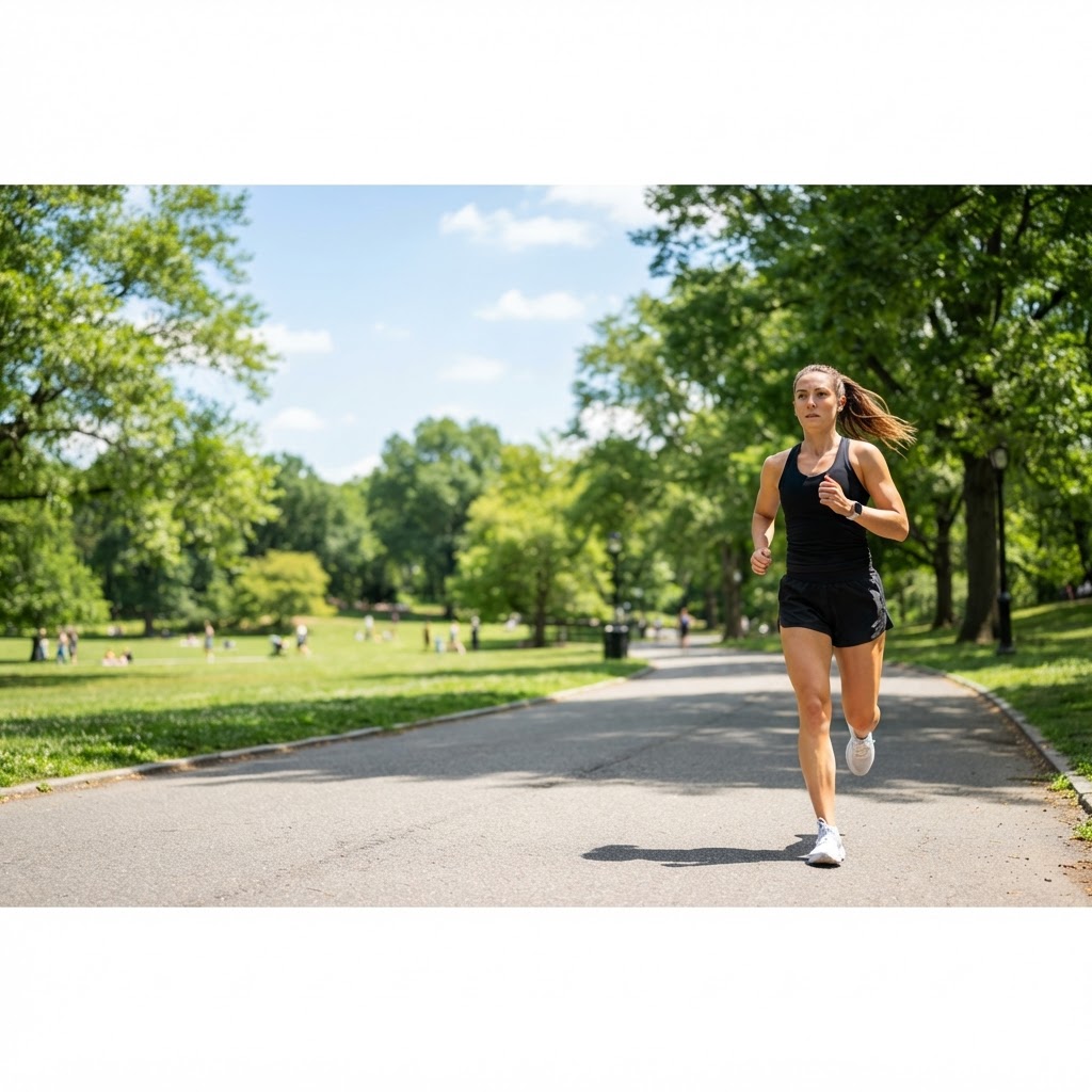 Athletic woman running on a sunlit path at midday