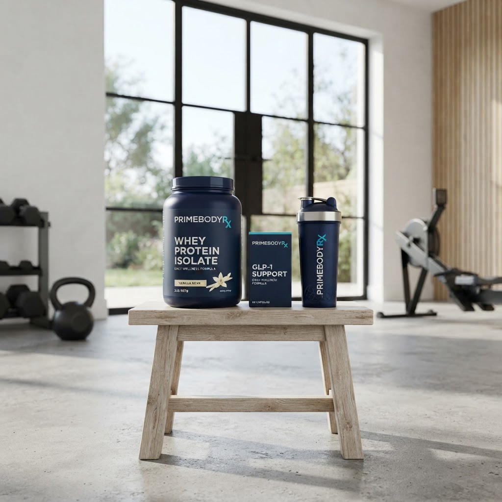 GLP-1 Support carton with a protein tub and shaker in a home gym