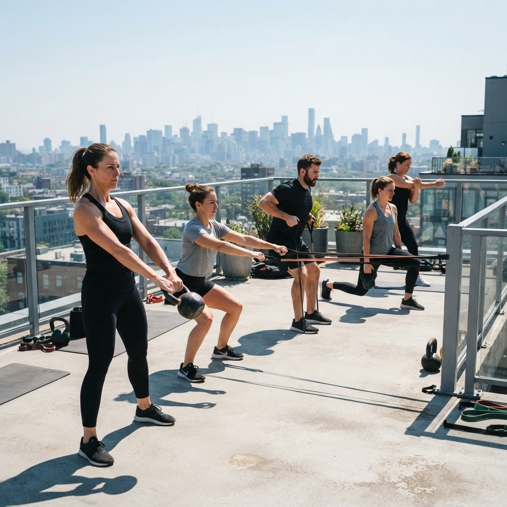 Outdoor strength and mobility class training in bright noon daylight