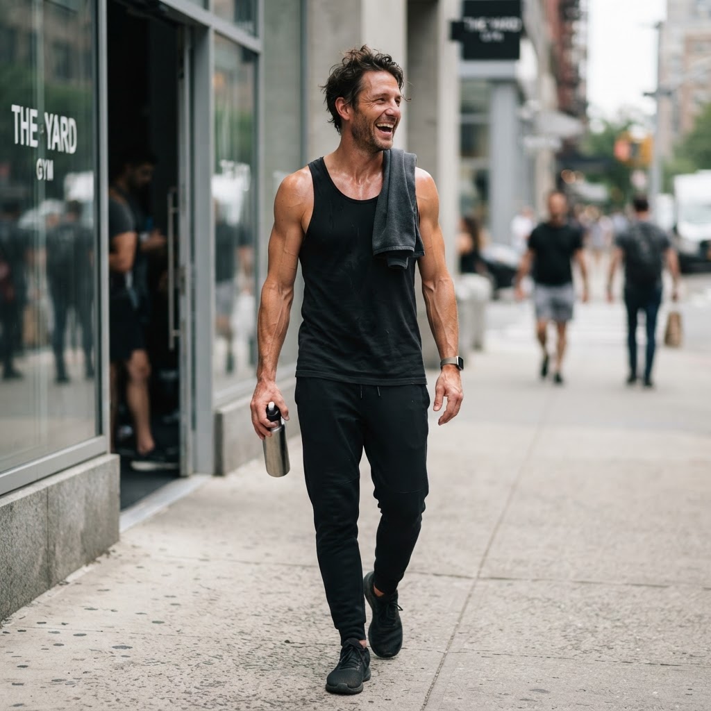 Member leaving the gym post-workout in the members-only line, caught candid mid-stride