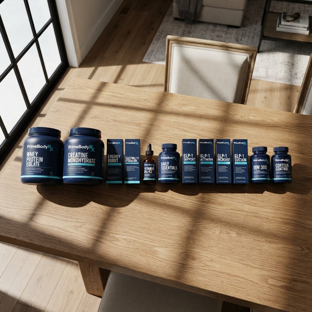 The full protocol lineup including GLP-1 Increase on an oak farmhouse table