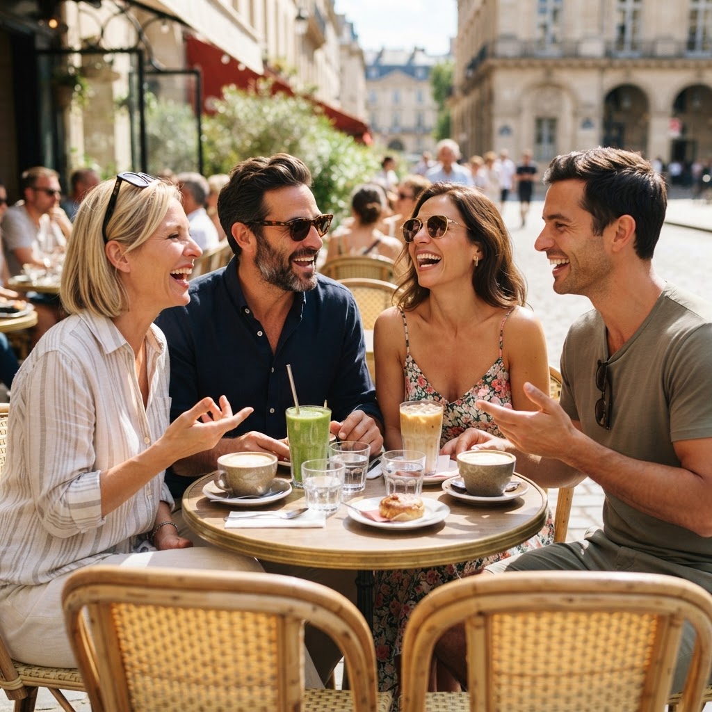 Friends in designer eyewear laughing around a sunlit cafe table