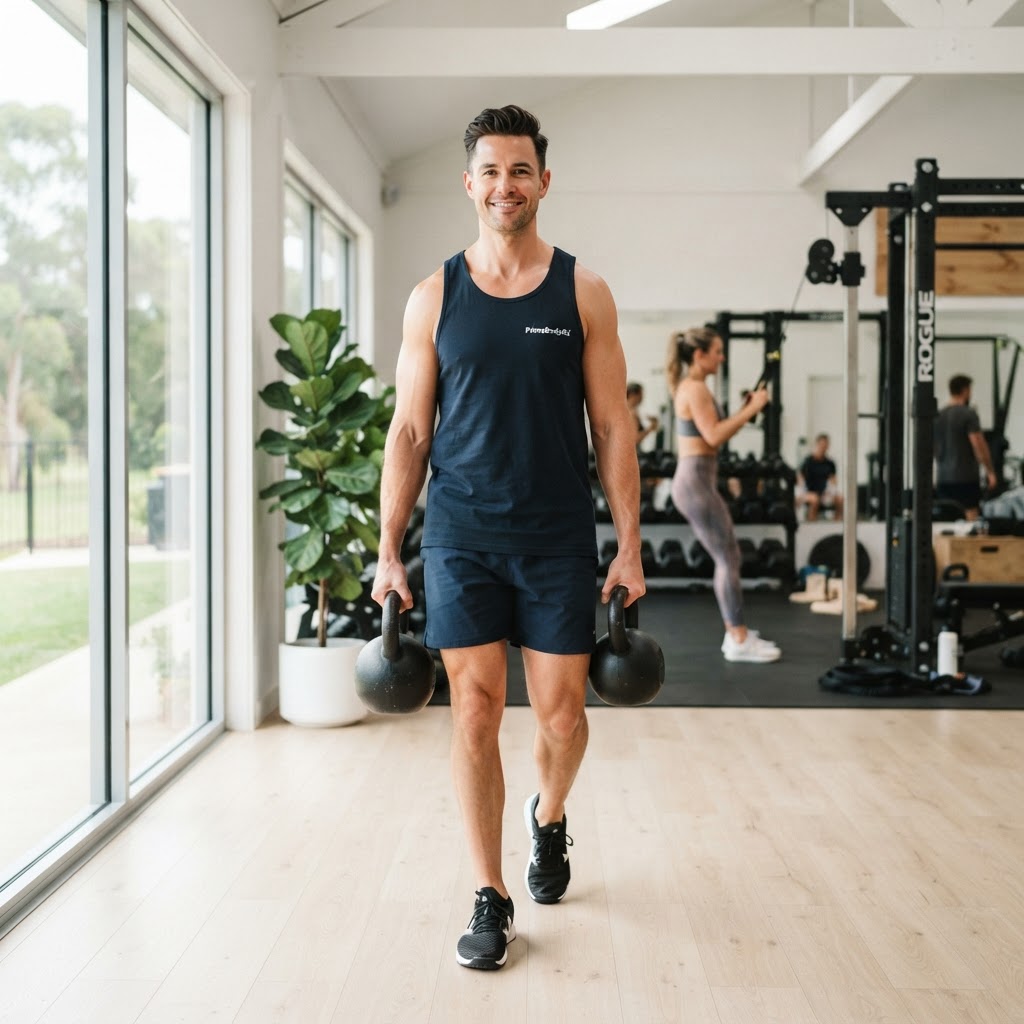 A member training in the PrimeBodyRX gear line in a sunlit studio