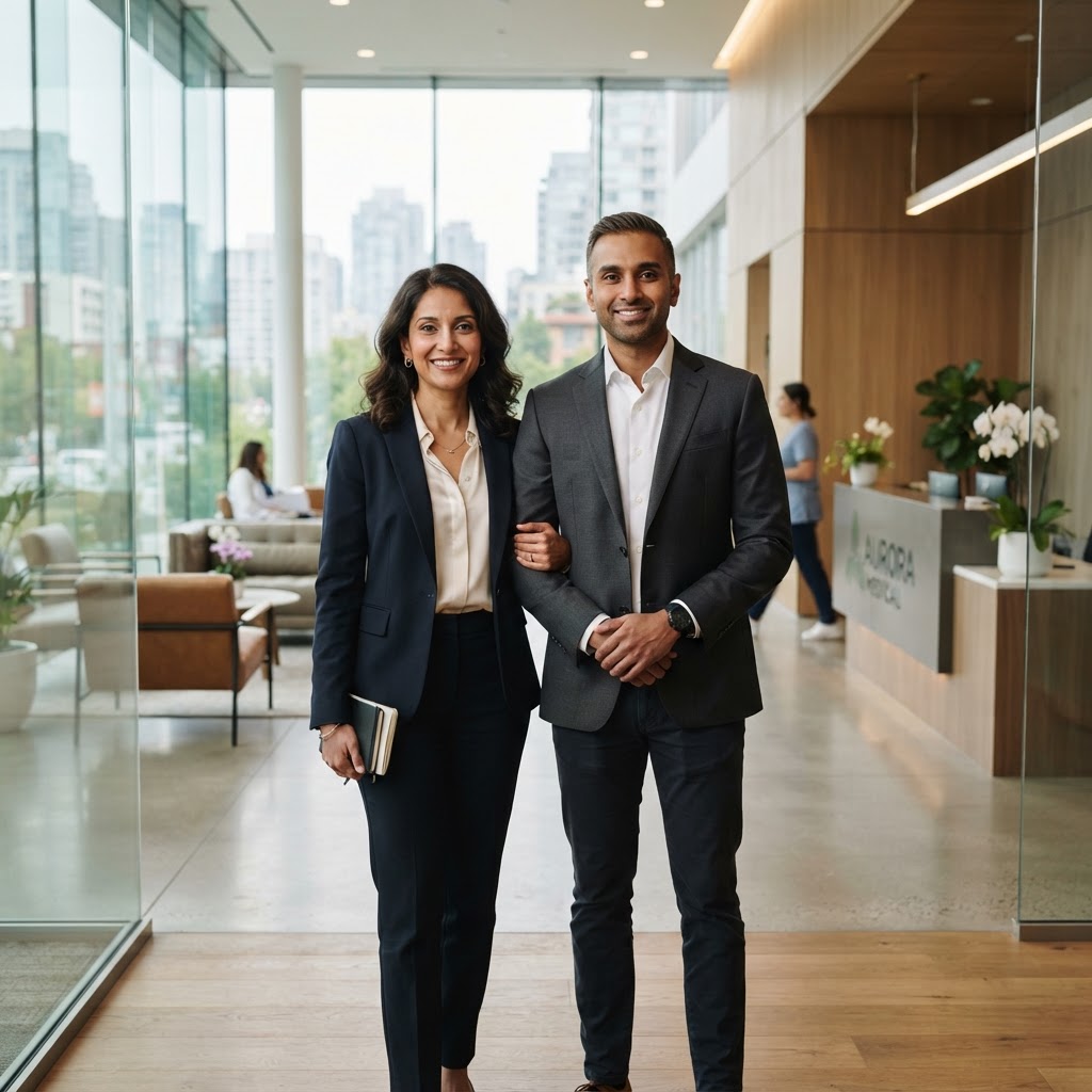 Successful physician entrepreneur couple in a modern medical office