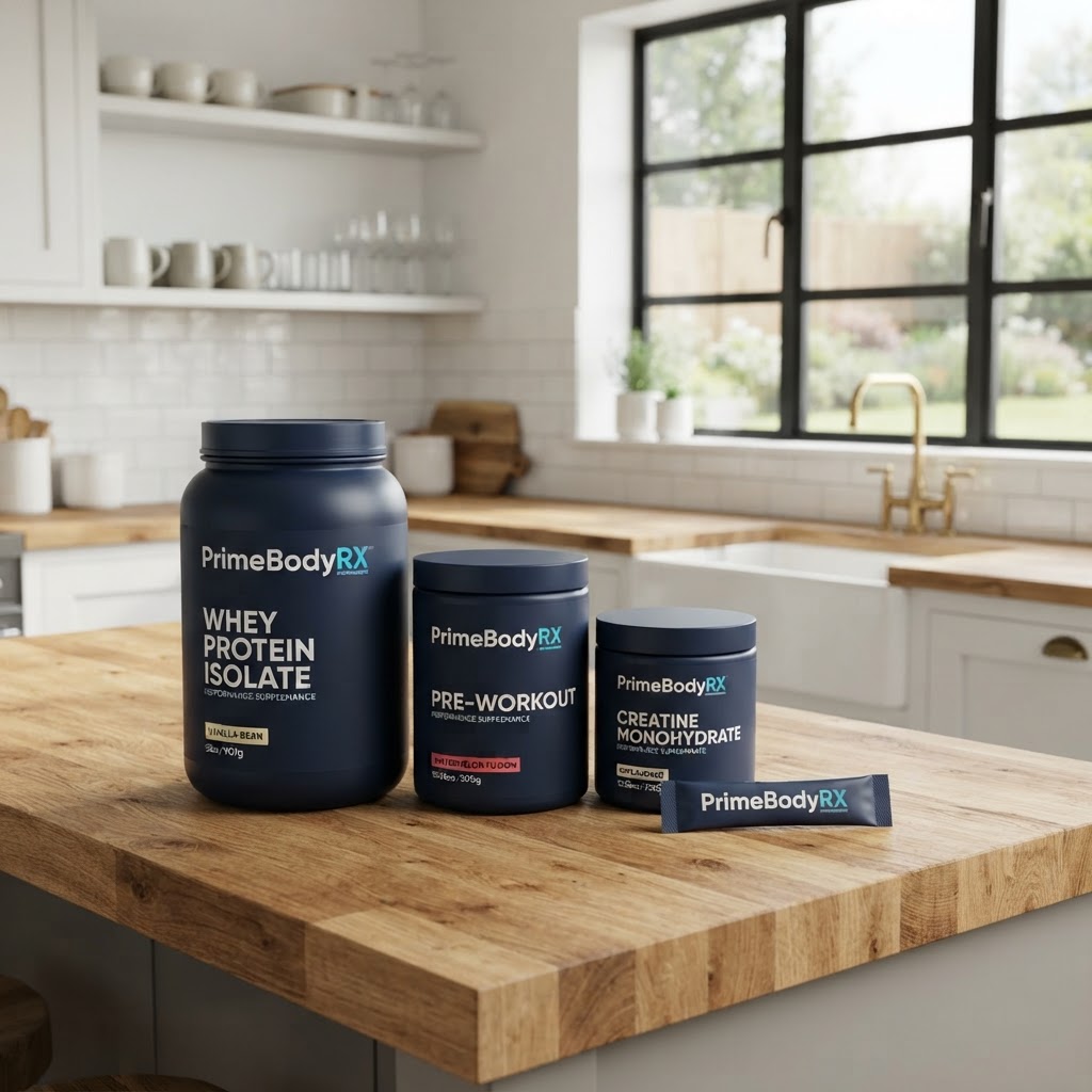 PrimeBodyRX performance line: three tubs and a single-serve sachet