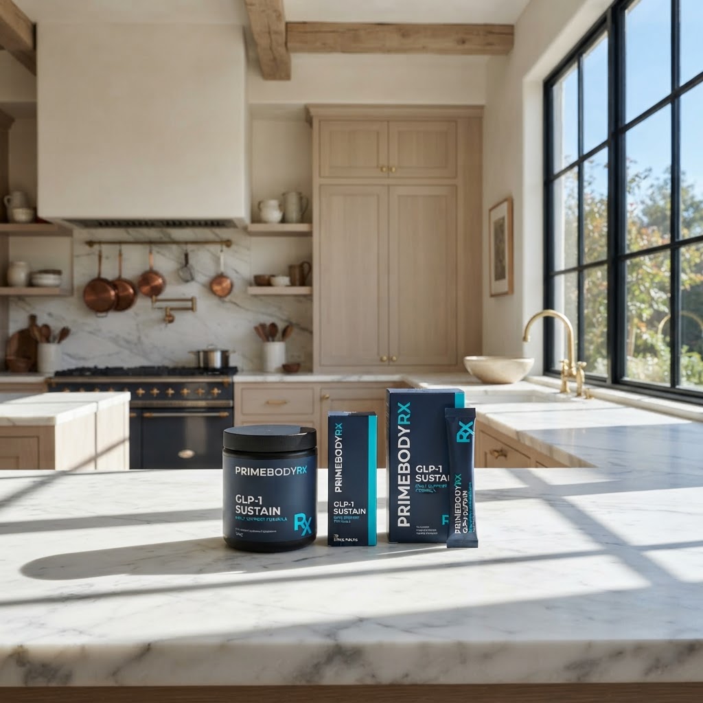 GLP-1 Sustain carton with a tub and stick-pack box on a marble kitchen island