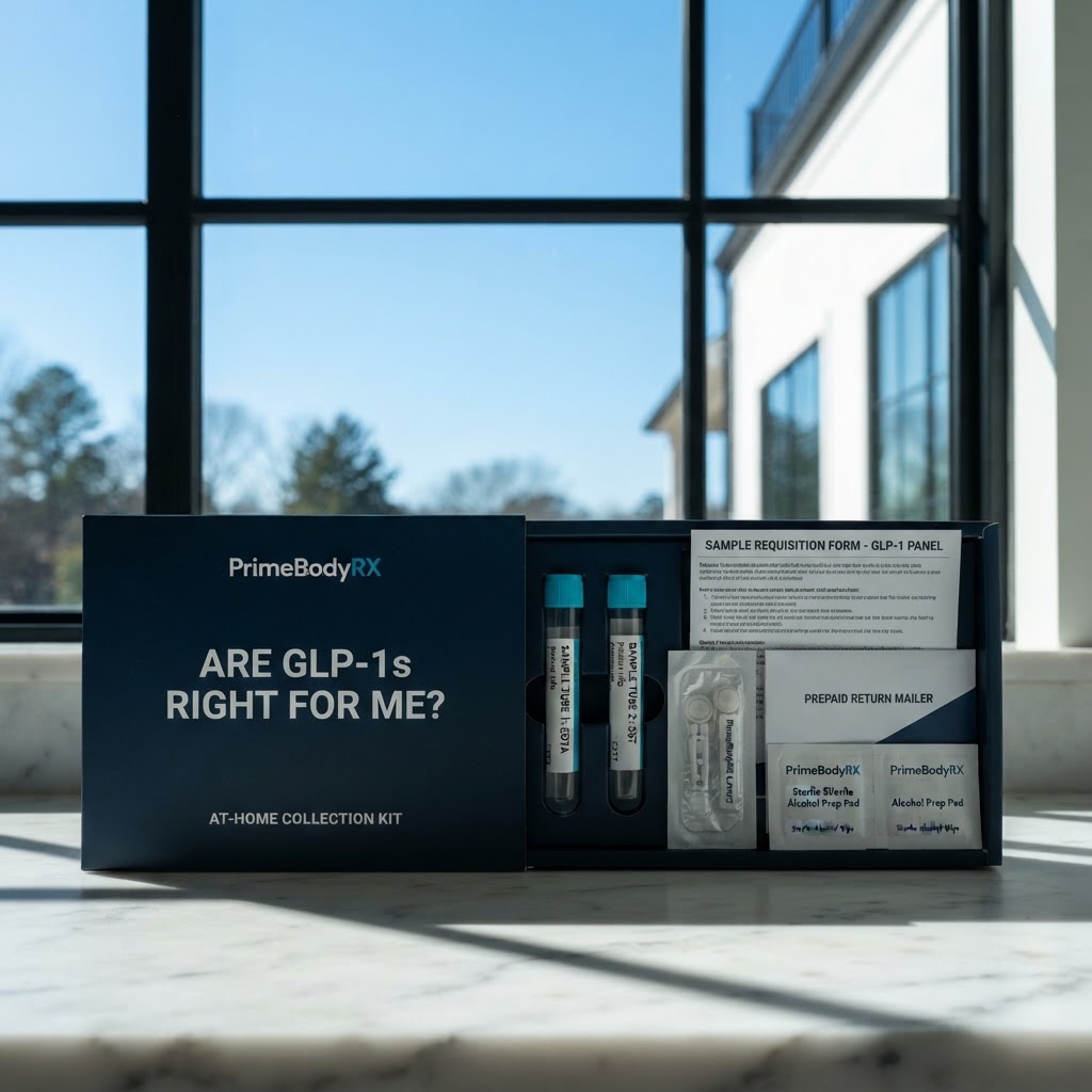PrimeBodyRX at-home test kit, two-box collection set in late-morning daylight
