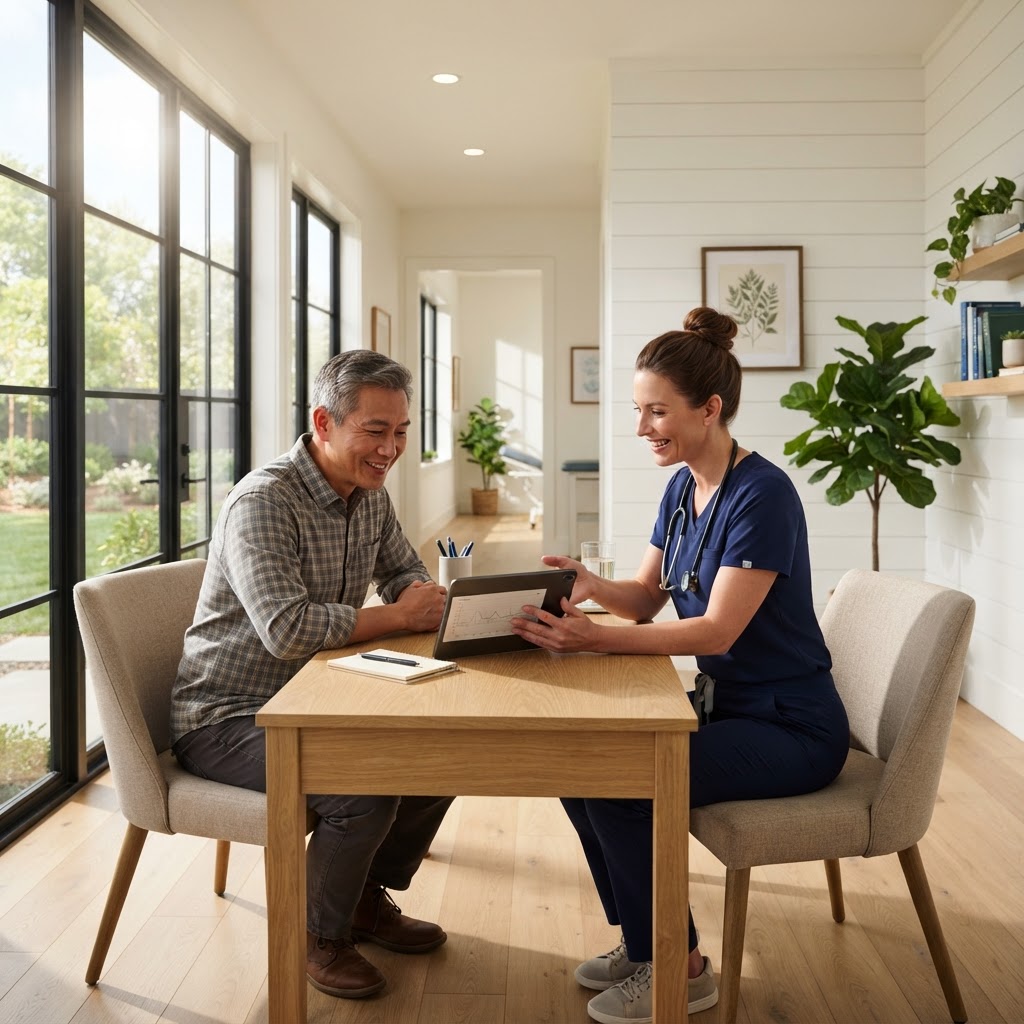 Provider reviewing a financing approval with a patient on a tablet in a sunlit clinic room