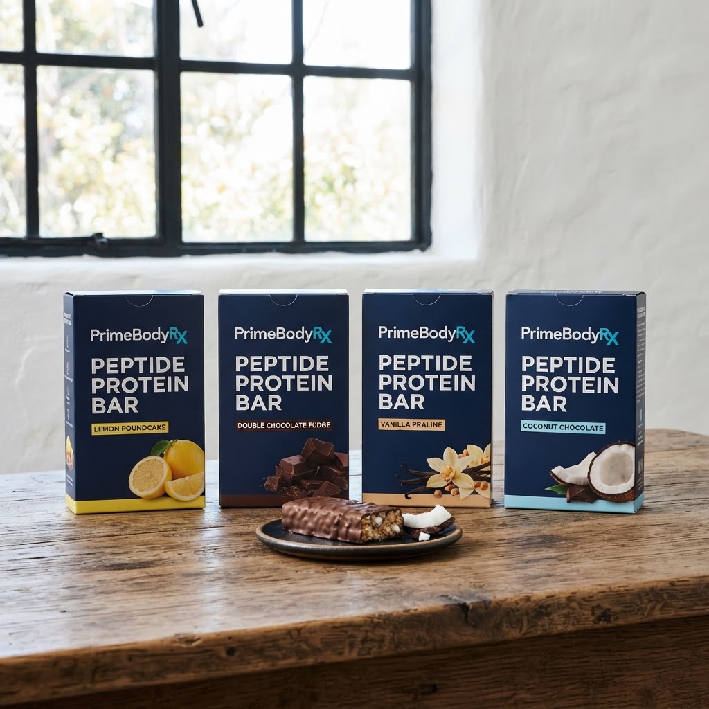 PrimeBodyRX peptide protein bar flavor lineup: lemon poundcake, double chocolate fudge, vanilla praline, coconut chocolate