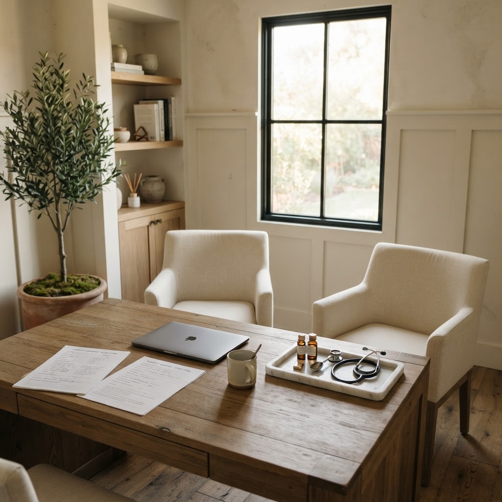 A consultation room inside a modern longevity medical practice
