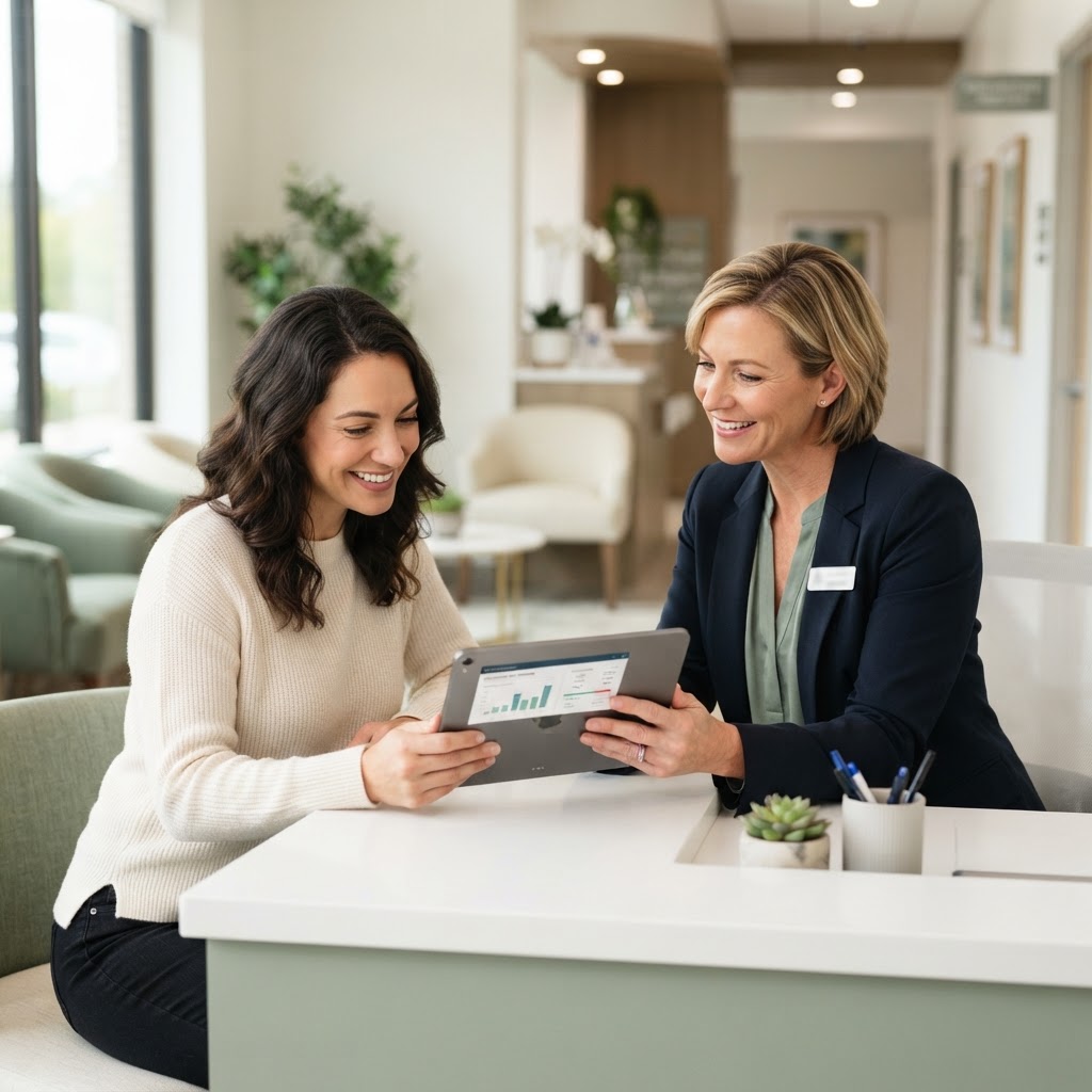 Practice manager walking a patient through MedFiAdvance approval at the front desk