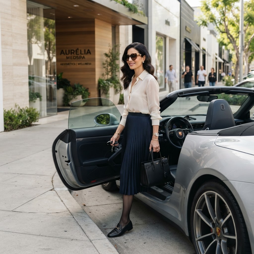 Glamorous woman stepping out of a Porsche 911 arriving for her medspa appointment