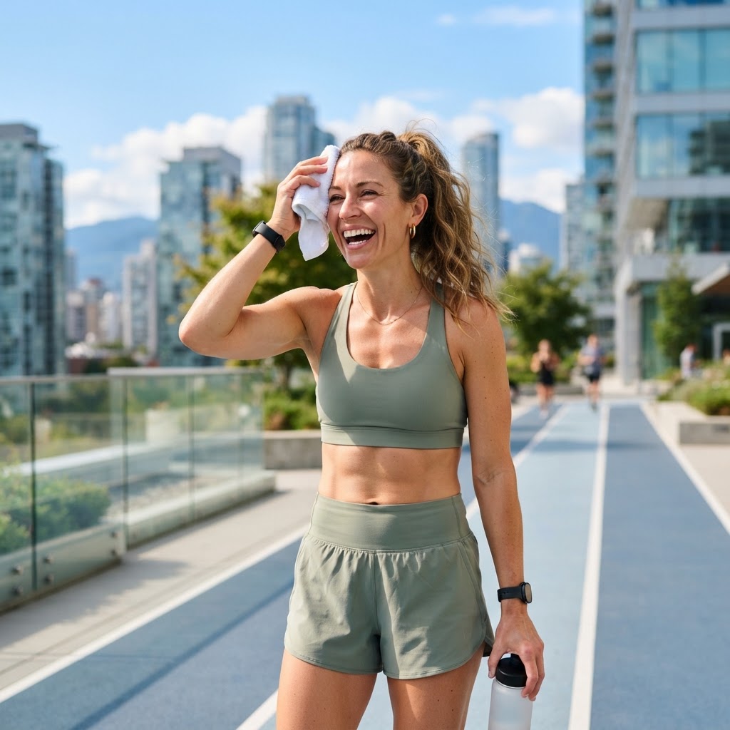 Woman with a post-workout glow laughing in bright morning light