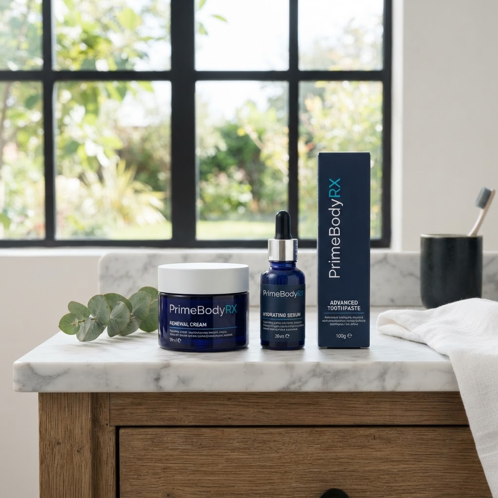 PrimeBodyRX Peptide Care line: renewal cream, serum and PeptiSmile toothpaste