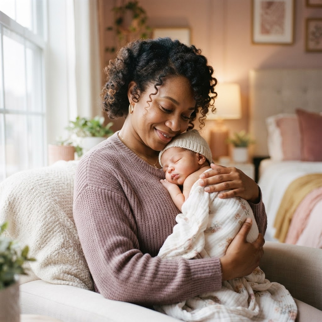 Mother gently holding her baby