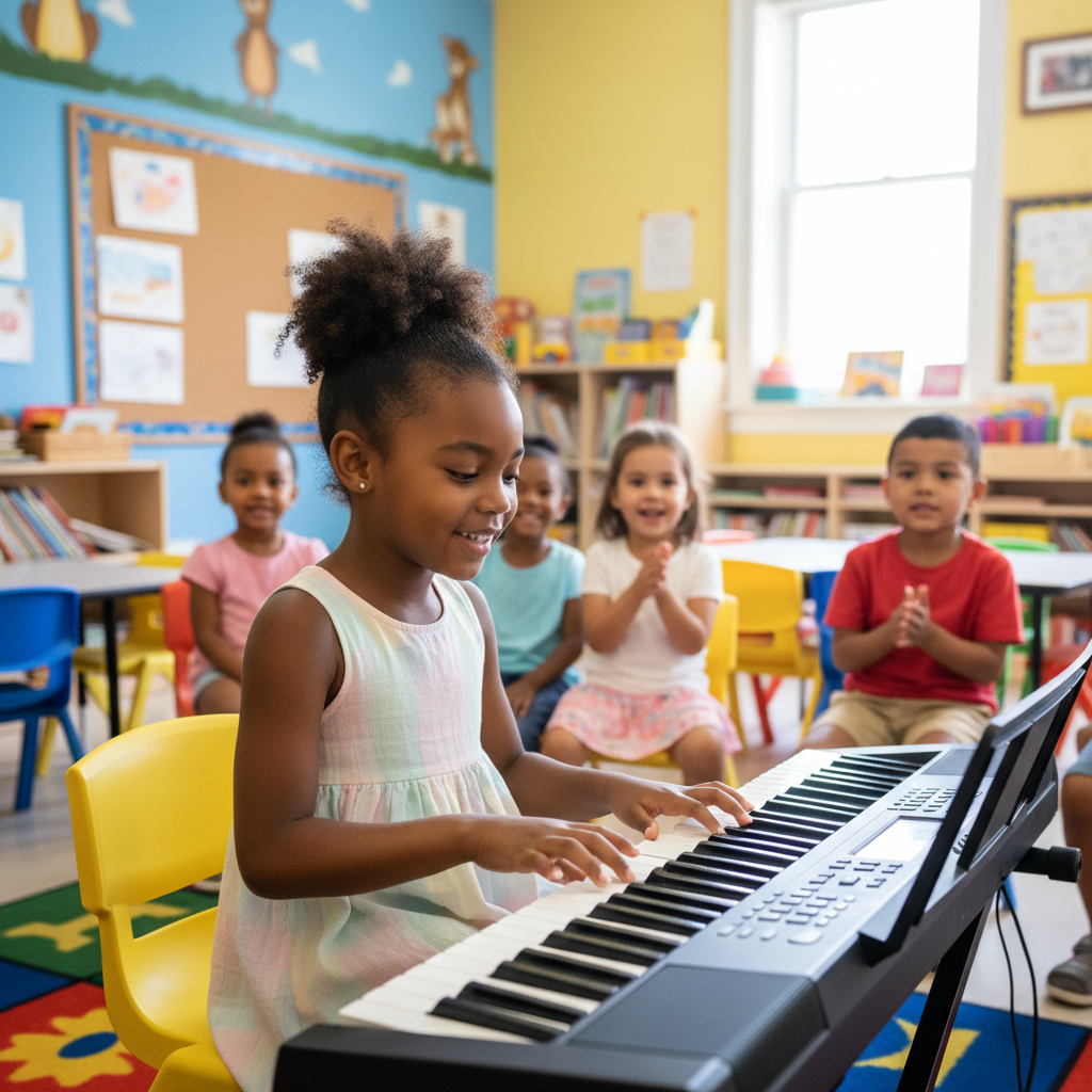 Young girl playing keyboard at ZionKeys Academy