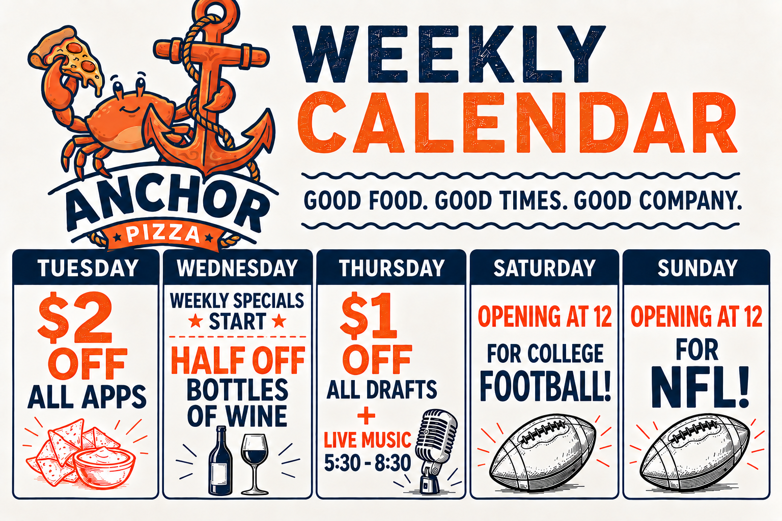 Anchor Pizza Company weekly specials menu