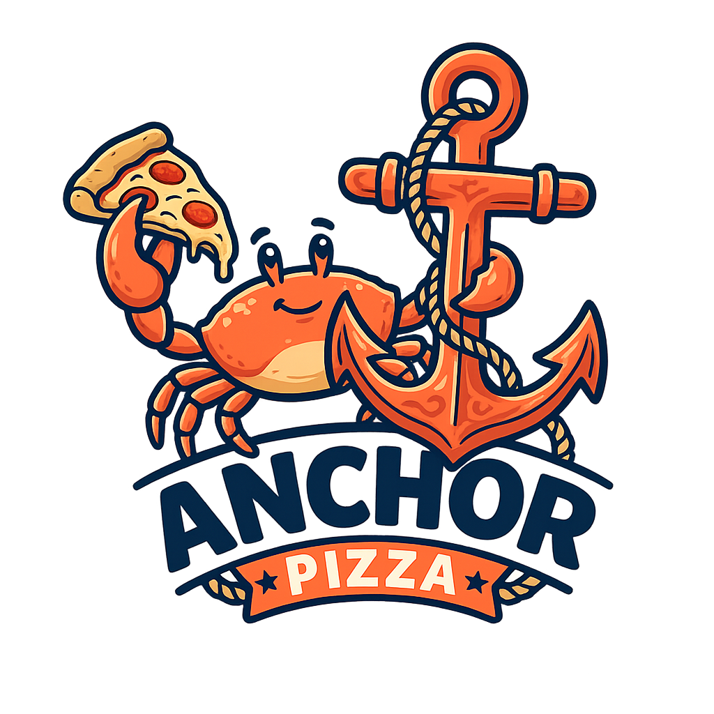Anchor Pizza Company logo - a crab riding an anchor holding pizza